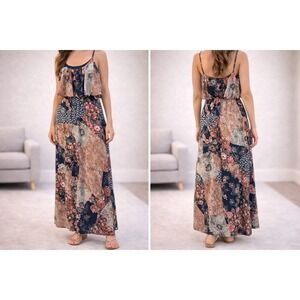 Naïf Floral Patchwork Maxi Dress Medium Navy Terracotta Boho Blouson DD286-52881